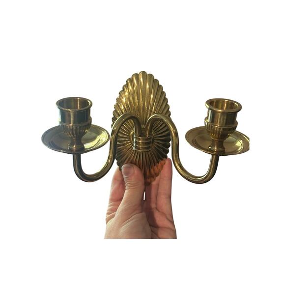 Vintage Mid Century Modern Brass Two Arm Candle Sconces Set of Two - Picture 2 of 6